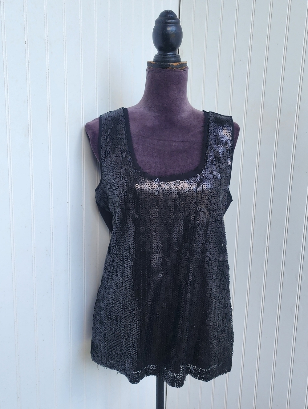 Calvin Klein Sleeveless Black Sequin Tank Top Size Large Womens Cotton Ribbed